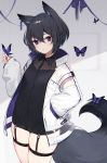  1girl bangs black_hair black_shirt butterfly_on_hand closed_mouth cowboy_shot expressionless fox_girl fox_tail hand_in_pocket highres jacket long_sleeves looking_at_viewer muryotaro no_pants open_clothes open_jacket original see-through shirt short_hair solo tail thigh_strap thighs violet_eyes white_jacket 