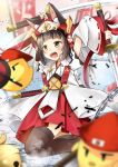  1girl :d animal_ear_fluff animal_ears arms_up azur_lane bangs banner bell bird black_hair black_legwear blurry_foreground blush chain chick commentary_request cowboy_shot detached_sleeves eyebrows_visible_through_hair flat_chest fox_ears hair_ornament hat helmet highres holding holding_sword holding_weapon japanese_clothes jewelry katana kimono looking_to_the_side magatama_print manjuu_(azur_lane) mutsu_(azur_lane) mutsu_(warring_states_warship)_(azur_lane) necklace open_mouth red_skirt ribbon-trimmed_sleeves ribbon_trim rice_hat sakuramon sheath sheathed short_hair short_sleeves sidelocks skirt smile solo_focus standing sword thigh-highs upper_teeth weapon white_background white_kimono white_sleeves wide_sleeves yellow_eyes yozuki_shokora zettai_ryouiki 