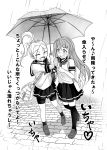  2girls bike_shorts blush doitsuken greyscale hair_ornament hair_scrunchie highres loafers long_hair monochrome multiple_girls original pleated_skirt ponytail rain school_uniform scrunchie serafuku shared_umbrella shoes skirt thigh-highs translation_request umbrella walking 