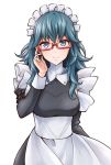  1girl blue_eyes blue_hair byleth_(fire_emblem) byleth_eisner_(female) closed_mouth fire_emblem fire_emblem:_three_houses glasses long_sleeves maid maid_headdress red-framed_eyewear simple_background smile solo tenchan_man white_background 