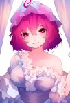  1girl bangs bare_shoulders blush breasts chiroru_(cheese-roll) commentary curtains dress eyebrows_visible_through_hair frills grin hair_between_eyes hat head_tilt highres large_breasts looking_at_viewer mob_cap obi off_shoulder pink_hair purple_dress purple_headwear purple_sash red_eyes saigyouji_yuyuko sash short_hair smile solo touhou triangular_headpiece upper_body white_background 
