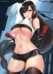  1girl bangs bare_shoulders black_hair black_legwear black_shorts blush breasts cyicheng earrings elbow_gloves elbow_pads final_fantasy final_fantasy_vii final_fantasy_vii_remake gloves jewelry large_breasts lifted_by_self long_hair looking_at_viewer low-tied_long_hair midriff mouth_hold navel red_eyes revision shirt shirt_lift short_shorts shorts skirt solo standing suspender_skirt suspenders swept_bangs tank_top taut_clothes taut_shirt thigh-highs tifa_lockhart under_boob very_long_hair white_tank_top 