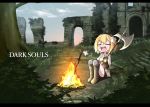  1girl :d =_= amano_pikamee axe bandaid_on_head black_shorts blonde_hair blue_sky bonfire boots clouds commentary copyright_name crying dark_souls dress facing_viewer fire firelink_shrine gloves grass green_hair holding holding_weapon katsumi5o knee_pads letterboxed multicolored_hair open_mouth outdoors planted_sword planted_weapon ruins sad_smile sharp_teeth short_hair shorts sitting sky smile solo souls_(from_software) stairs sweater sweater_dress sword tears teeth tree two-handed two-tone_hair voms weapon white_sweater 