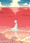  1girl absurdres ayanami_rei bare_shoulders beach closed_mouth clouds cloudy_sky day dress from_side full_body highres horizon lcl looking_down neon_genesis_evangelion ocean red_eyes shore short_hair sky sleeveless user_fgq0202 walking water waves waving white_dress white_hair 