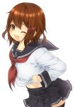  1girl ;d anchor_symbol black_legwear black_skirt blush brown_eyes brown_hair commentary_request eyebrows_visible_through_hair fang hair_ornament hairclip ikazuchi_(kantai_collection) jewelry kantai_collection kouji_(campus_life) long_sleeves looking_at_viewer navel neckerchief one_eye_closed open_mouth pleated_skirt red_neckwear ring sailor_collar school_uniform serafuku short_hair simple_background skirt smile solo thigh-highs wedding_band white_background 
