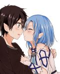  1boy 1girl alternate_hair_length alternate_hairstyle aminyao asuna_(sao-alo) black_hair black_shirt blue_hair blush closed_mouth couple detached_sleeves imminent_kiss kirito_(sao-alo) open_mouth pointy_ears shiny shiny_hair shirt short_hair simple_background sword_art_online upper_body white_background white_sleeves 