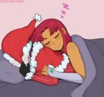  afrobull bed blanket blush covering_face gloves grey_background hat lying lying_on_person on_person on_stomach patreon_username pillow purple_hair raven_(dc) redhead santa_costume santa_hat sleeping starfire tagme teen_titans watermark yuri zzz 