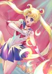  1girl absurdres back_bow bishoujo_senshi_sailor_moon blonde_hair blue_eyes blue_sailor_collar blue_skirt bow choker commentary_request cowboy_shot double_bun elbow_gloves gloves highres leotard long_hair looking_at_viewer magical_girl moon_stick pleated_skirt red_bow red_choker sailor_collar sailor_moon sailor_senshi_uniform shipu_(gassyumaron) skirt smile solo tsukino_usagi twintails white_gloves white_leotard 