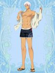  1boy abs blue_background dairoku_youhei full_body glasses hands_up l_(matador) male_swimwear navel sandals simple_background standing swim_trunks swimwear tan undressing white_hair 