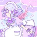  1girl apron bangs blush bow chachaco commentary dress eyepatch feathered_wings frills hair_bow light_blue_hair looking_at_viewer maid maid_day maid_headdress original pink_nails pink_wings puffy_sleeves purple_bow purple_dress purple_frills short_hair short_sleeves solo sparkle_background symbol-shaped_pupils violet_eyes wings yume_kawaii 