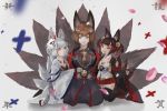  3girls akagi-chan_(azur_lane) akagi_(azur_lane) amagi_(azur_lane) animal_ears azur_lane blue_eyes brown_hair eyeliner eyeshadow fox_ears fox_mask hakama_skirt highres japanese_clothes kaga_(azur_lane) kimono kitsune long_hair makeup mask multiple_girls multiple_tails nasu_(luliice) red_eyes short_hair tail white_hair younger 