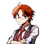  1boy ahoge bespectacled brown_hair brown_vest glasses grin heterochromia holostars looking_at_viewer male_focus mole mole_under_eye okota1869 open_mouth orange_eyes red_neckwear shadow shirt short_hair smile solo teeth upper_body vest violet_eyes virtual_youtuber white_shirt yukoku_roberu 