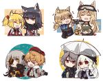  &gt;_&lt; 6+girls animal_ear_fluff animal_ears arknights bangs beret black_gloves black_jacket blonde_hair braid brown_hair cat_ears character_request closed_eyes closed_mouth commander_(girls_frontline) creepy_himecchi dog english_commentary expressionless eyebrows_visible_through_hair eyepatch girls_frontline gloves goggles goggles_on_head hair_between_eyes hair_ornament hat highres holding holding_weapon idw_(girls_frontline) jacket long_hair long_sleeves m16a1_(girls_frontline)_(boss) mod3_(girls_frontline) multicolored_hair multiple_girls necktie open_mouth orange_eyes orange_hair sangvis_ferri scar shirt silver_hair simple_background smile sora_(arknights) star streaked_hair texas_(arknights) transparent transparent_umbrella twintails umbrella upper_body weapon white_background white_jacket wolf_ears 