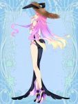  1girl animal_ears ass backless_outfit black_dress blue_background brown_headwear dairoku_youhei dress full_body hat high_heels l_(matador) long_hair long_legs looking_at_viewer looking_back pink_hair pink_ribbon purple_nails rabbit_ears red_eyes ribbon simple_background solo standing straw_hat very_long_hair 