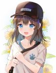  1girl black_headwear blue_eyes brown_hair collarbone commentary_request eyebrows_visible_through_hair flower hair_ornament hairclip hat kongya korean_commentary long_hair looking_at_viewer open_mouth original paw_print shirt short_sleeves solo sunflower sweat white_shirt 