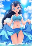  1girl :d ass_visible_through_thighs bangs bikini blue_bikini blue_eyes blue_hair blue_sky blush braid braided_ponytail breasts clouds collarbone cowboy_shot day floating_hair frilled_bikini frills from_below groin hair_ornament hanzou highres hugtto!_precure lens_flare long_hair looking_at_viewer medium_breasts navel open_mouth outdoors precure sarong shiny shiny_hair sky smile solo standing sun sunlight swimsuit thigh_gap very_long_hair wading yakushiji_saaya 