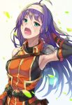  1girl ahoge aqua_eyes arm_warmers armpits belt black_bodysuit bodysuit breasts commentary cowboy_shot eyebrows_visible_through_hair fingerless_gloves fire_emblem fire_emblem:_path_of_radiance fire_emblem:_radiant_dawn gloves hairband hand_in_hair jacket long_hair looking_at_viewer medium_breasts mia_(fire_emblem) open_mouth orange_gloves orange_jacket panda_inu purple_hair ribbed_bodysuit shoulder_armor simple_background sleeveless sleeveless_jacket solo strap sweat turtleneck waistcoat white_background wind 