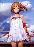  1girl absurdres bangs bare_shoulders blue_sky blurry blurry_background brown_eyes brown_hair choker closed_mouth clouds cowboy_shot day depth_of_field dress eyebrows_visible_through_hair highres looking_at_viewer murata_renji original outdoors photo railing red_ribbon red_string reflection ribbon short_dress short_hair sky solo standing string white_dress 