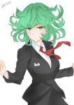  1girl absurdres alternate_breast_size blush breasts curly_hair formal green_eyes green_hair highres long_sleeves looking_at_viewer necktie office one-punch_man shde_odeenz short_hair simple_background solo suit tatsumaki telekinesis uniform white_background 