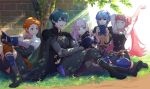  1boy 4girls armor black_armor black_cape black_gloves blue_eyes blue_hair blush book braid breasts brown_hair byleth_(fire_emblem) byleth_eisner_(male) cape cbe39373 closed_eyes closed_mouth commentary crown_braid dagger epaulettes eyebrows_visible_through_hair fingerless_gloves fire_emblem fire_emblem:_three_houses garreg_mach_monastery_uniform gloves grass hair_between_eyes highres hilda_valentine_goneril holding holding_book leaf leonie_pinelli long_hair long_sleeves lysithea_von_ordelia marianne_von_edmund medium_breasts multiple_girls open_mouth orange_eyes orange_hair pink_eyes pink_hair sheath sheathed short_hair sitting smile stretch student teacher teacher_and_student thigh-highs tree twintails under_tree uniform weapon white_hair 