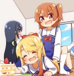  3girls :3 :d ahoge black_hair blonde_hair blue_eyes blush bow brown_eyes brown_hair cake closed_eyes clouds commentary day dress eating eyebrows_visible_through_hair fang food girl_on_top heart_ahoge highres himesaka_noa hoshino_hinata kneehighs long_hair looking_at_another looking_back lying manse multiple_girls on_stomach open_mouth reaching sailor_collar sailor_dress school_uniform shirosaki_hana skin_fang sky smile watashi_ni_tenshi_ga_maiorita! white_legwear white_sailor_collar window 