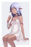  1girl arm_ribbon bandaged_arm bandages bandaid bandaid_on_knee bangs bare_arms bare_legs bare_shoulders braid choker crying crying_with_eyes_open dark_skin dress elf eyebrows_visible_through_hair feet_out_of_frame grey_background grey_hair hair_between_eyes hand_up long_hair looking_at_viewer original parted_lips pink_ribbon pointy_ears ribbon saiste simple_background sitting sleeveless sleeveless_dress solo tears twin_braids white_choker white_dress yellow_eyes 