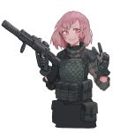  1girl absurdres arm_up armor assault_rifle bandaid bandaid_on_face bangs bullpup collar eyebrows_visible_through_hair gloves grey_gloves gun highres holding holding_gun holding_weapon kiritzuguart long_sleeves looking_at_viewer open_mouth original pink_hair red_eyes rifle scope short_hair simple_background smile solo standing suppressor teeth trigger_discipline uniform upper_body v weapon white_background 
