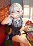  1girl ahoge akagi_asahito bangs blush book brick_wall cafe chin_rest couch cream crossed_legs cup dessert doughnut doughnut_pillow dress_shirt dust_particles earphones earphones_removed elbow_rest eyebrows_visible_through_hair food fork fork_in_mouth formal fruit hair_between_eyes hand_on_own_cheek highres holding holding_cup indoors kirigiri_saori looking_at_viewer morning office_lady pancake phone plaid saucer shirt short_hair short_sleeves shounen_chotto_sabotteko! silver_hair sitting skirt_suit smirk smug solo suit sunlight table teacup violet_eyes waistcoat wallet 