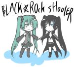  :&lt; aqua_hair bangs belt bikini_top black_hair black_rock_shooter black_rock_shooter_(character) blue_eyes boots chibi coat detached_sleeves flat_chest front-tie_top gloves glowing glowing_eyes green_hair hatsune_miku holding_hands hood hooded_jacket jacket knee_boots long_hair midriff multiple_girls necktie pale_skin shorts skirt smile star thigh_boots thighhighs time_paradox twintails uneven_twintails very_long_hair vocaloid 