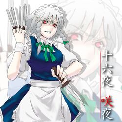  between_fingers braid izayoi_sakuya knife maid red_eyes ribbon ribbons short_hair silver_hair solo soubi touhou translated twin_braids wrist_cuffs zoom_layer 