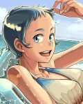  blue_eyes blue_hair bowieknife hair_tussle hands happy ocean original sea short_hair smile swimsuit wet 