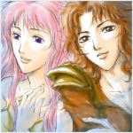  airi_(hokuto_no_ken) airy arm_grab back-to-back breasts brown_eyes brown_hair bust cleavage collarbone hands hokuto_no_ken lips lipstick long_hair looking_at_viewer lowres mamiya multiple_girls pink_hair purple_eyes sketch smile wavy_hair 