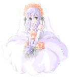  bare_shoulders bride dress elbow_gloves flower gloves green_eyes long_hair maromi_(am97) maromi_(artist) purple_hair wedding_dress 