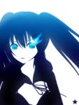  bangs bikini_top black_hair black_rock_shooter black_rock_shooter_(character) blue_eyes coat flat_chest front-tie_top glowing glowing_eyes hatsune_miku hooded_jacket jacket long_hair pale_skin solo star stare twintails uneven_twintails very_long_hair vocaloid yummy_(pixiv) 