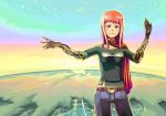  blue_jeans bowieknife cyborg earth green_eyes jeans long_hair mechanical original pink_hair scarf sky world 