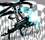 bad_id bangs belt bikini_top black_hair black_rock_shooter black_rock_shooter_(character) blue_eyes boots cape checkered cloak coat flat_chest glowing glowing_eyes gun hood hooded_jacket jacket knee_boots long_hair midriff mo-p navel pale_skin short_shorts shorts solo star twintails uneven_twintails very_long_hair weapon 