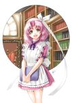  book bow frills hairband laugh laughing library maid original pink_hair short_hair standing yellow_eyes yuu_(artist) yuu_(yuyukaikan) 
