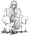 1girl alice_margatroid chair easy_chair greyscale hairband imizu_(nitro_unknown) monochrome short_hair sitting solo tea touhou 