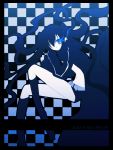  belt bikini_top black_hair black_rock_shooter black_rock_shooter_(character) blue_eyes boots checkered coat flat_chest front-tie_top glowing glowing_eyes hair_over_one_eye hood hooded_jacket jacket knee_boots long_hair midriff minoru navel pale_skin ribbon ribbons short_pants short_shorts shorts solo star stars twintails uneven_twintails very_long_hair 