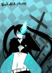  belt bikini_top black_hair black_rock_shooter black_rock_shooter_(character) blue_eyes checkered coat cross eyelashes flat_chest front-tie_top gloves glowing glowing_eyes hatsune_miku hood hooded_jacket jacket long_hair midriff navel pale_skin shorts solo star stare suma_(pixiv) twintails uneven_twintails very_long_hair vocaloid zipper 