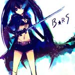  belt bikini_top black_hair black_rock_shooter black_rock_shooter_(character) blue_eyes chain cloak coat flat_chest front-tie_top gloves glowing glowing_eyes hood hooded_jacket jacket katana long_hair midriff navel scar short_shorts shorts solo star stitches sword tsukahara tsukahara_(pixiv) twintails uneven_twintails very_long_hair weapon 