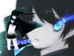  bangs belt bikini_top black_hair black_rock_shooter black_rock_shooter_(character) blue_eyes boots coat flat_chest front-tie_top glowing glowing_eyes hair_over_one_eye hood hooded_jacket jacket knee_boots kneeling long_hair midriff navel pale_skin scar short_shorts shorts solo star stitches takatori_akira twintails uneven_twintails very_long_hair wind zoom_layer 