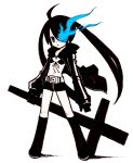  black_rock_shooter black_rock_shooter_(character) blue_eyes cape cross midriff navel shinigami_(gumsyrup) shorts solo twintails 