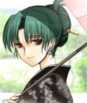  black_eyes green_eyes green_hair higurashi_no_naku_koro_ni japanese_clothes jewelry kimono lowres sonozaki_akane umbrella 
