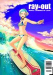  barcode barefoot bikini blue_hair bowieknife cloud clouds cover cover_page eureka eureka_7 eureka_seven eureka_seven_(series) feet flower foreshortening hair_accessory hair_ornament hairclip hands ocean pink_eyes purple_eyes ray=out sea short_hair sky solo sunset surf surfboard surfing swimsuit violet_eyes water waves 
