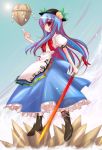 food frills fruit hat hinanawi_tenshi jagged_rocks keystone long_hair long_skirt peach peaches red_eyes rock skirt sword sword_of_hisou touhou weapon yumesato_makura