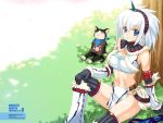  bandeau_bikini breasts cat cherry_blossoms cleavage hairband horn kirin kirin_(armor) melynx midriff monster_hunter mouth_hold sitting smile thighhighs vest wallpaper white_hair yano_takumi 