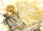  angel_wings artbook bandage bandages blonde_hair cape earrings jewelry lost_angel male mudou_setsuna short_hair wings yuki_kaori 