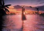  clouds final_fantasy final_fantasy_x highres palm_tree sky solo staff sun sunset tree water yuna 