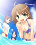  amami_haruka awakened_miki bad_id beach bikini blue_hair blush breast_rest breasts breasts_on_head brown_hair closed_eyes fang green_eyes hoshii_miki hoshii_miki_(awakened) idolmaster kisaragi_chihaya komone_ushio long_hair miura_azusa ocean ribbon ribbons sea short_hair swimsuit ukomone 